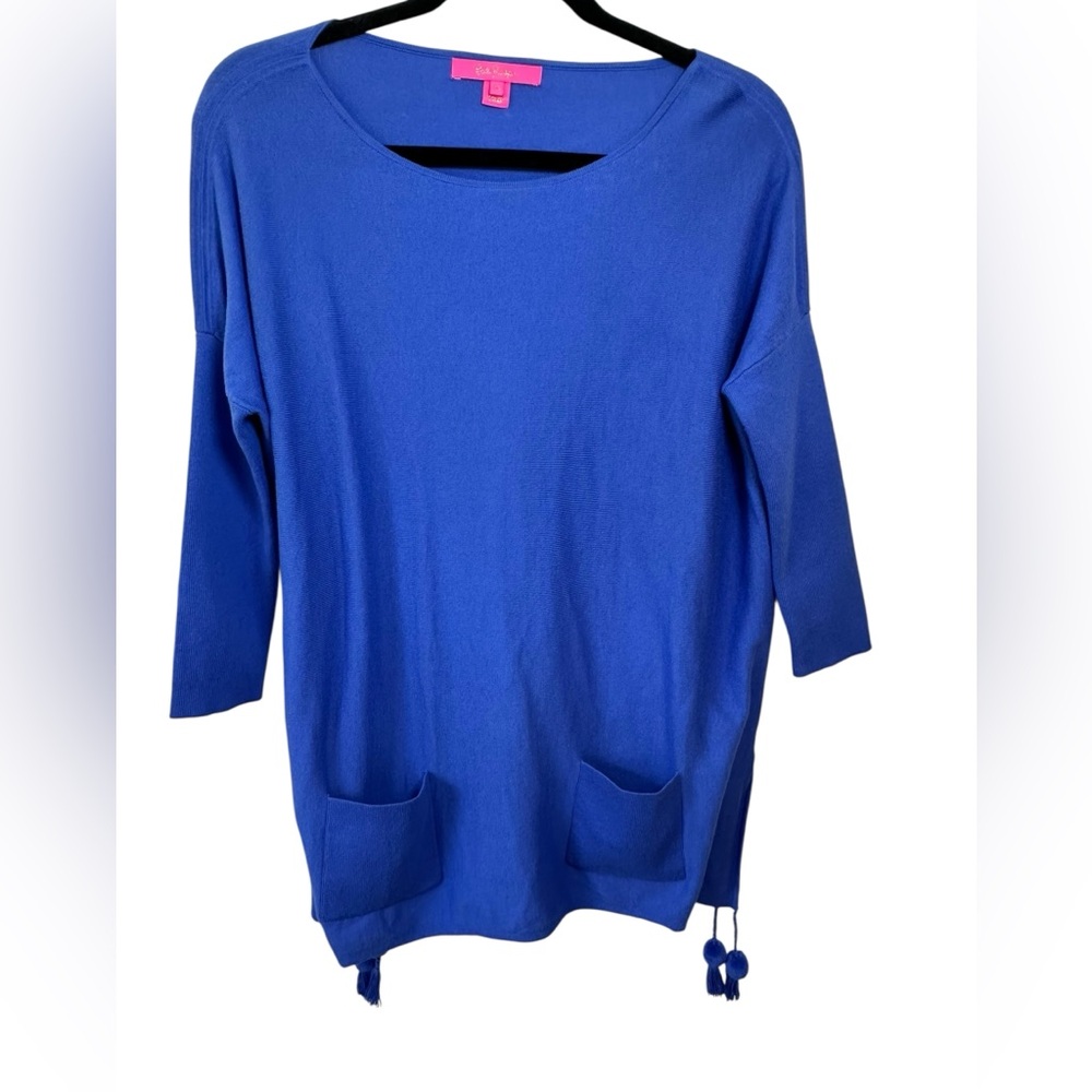 Lilly Pulitzer Elba Sweater Blue Tassel 3/4 Sleeve Pockets Flowy Lightweight XS